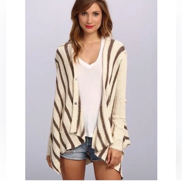 FREE PEOPLE WATERFALL KNIT LONG SLEEVE CARDIGAN CREAM AND BROWN STRIPES - Picture 1 of 7
